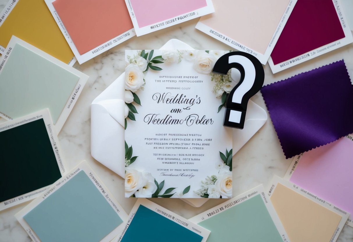 A wedding invitation surrounded by swatches of the theme colors, with a question mark hovering above