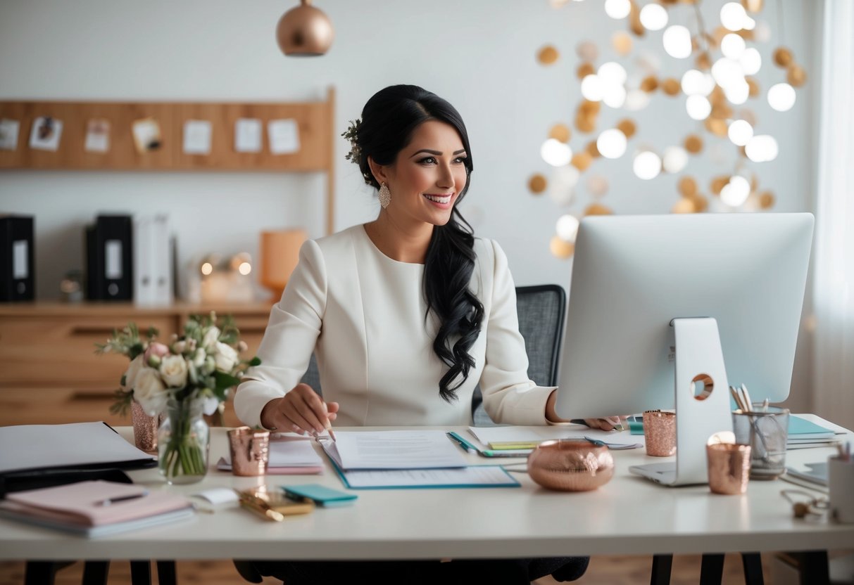 A wedding planner with a disorganized desk and inappropriate decorations