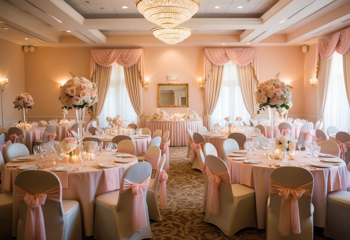 A soft, warm palette of pastel pinks, creams, and golds fills the traditional wedding venue, creating a cohesive and romantic atmosphere