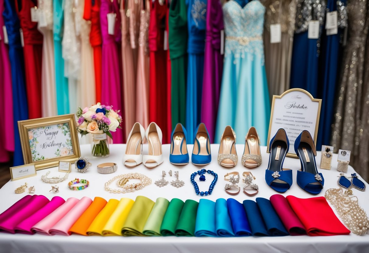 A colorful array of wedding-themed clothing and accessories displayed on a table, including swatches of fabric, jewelry, and shoes in the theme colors