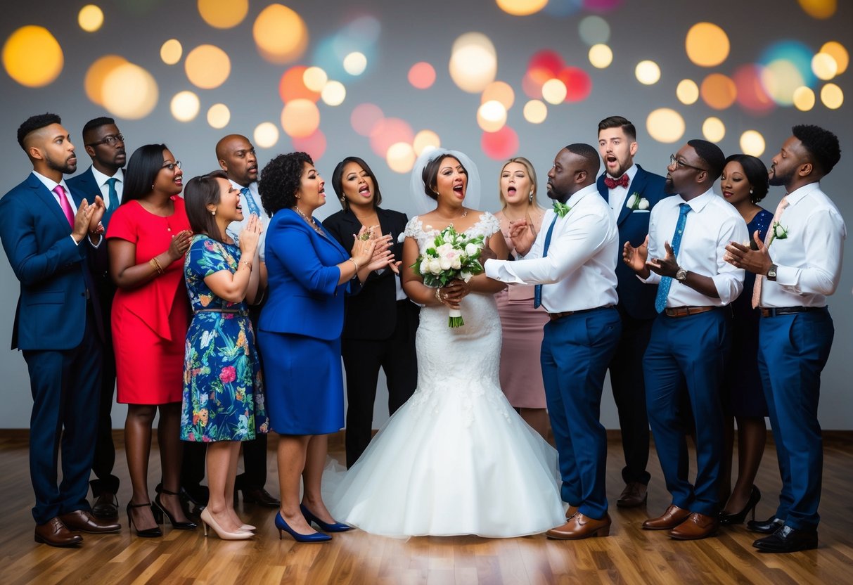 A diverse group of people react negatively to a wedding planner's culturally inappropriate decorations and attire