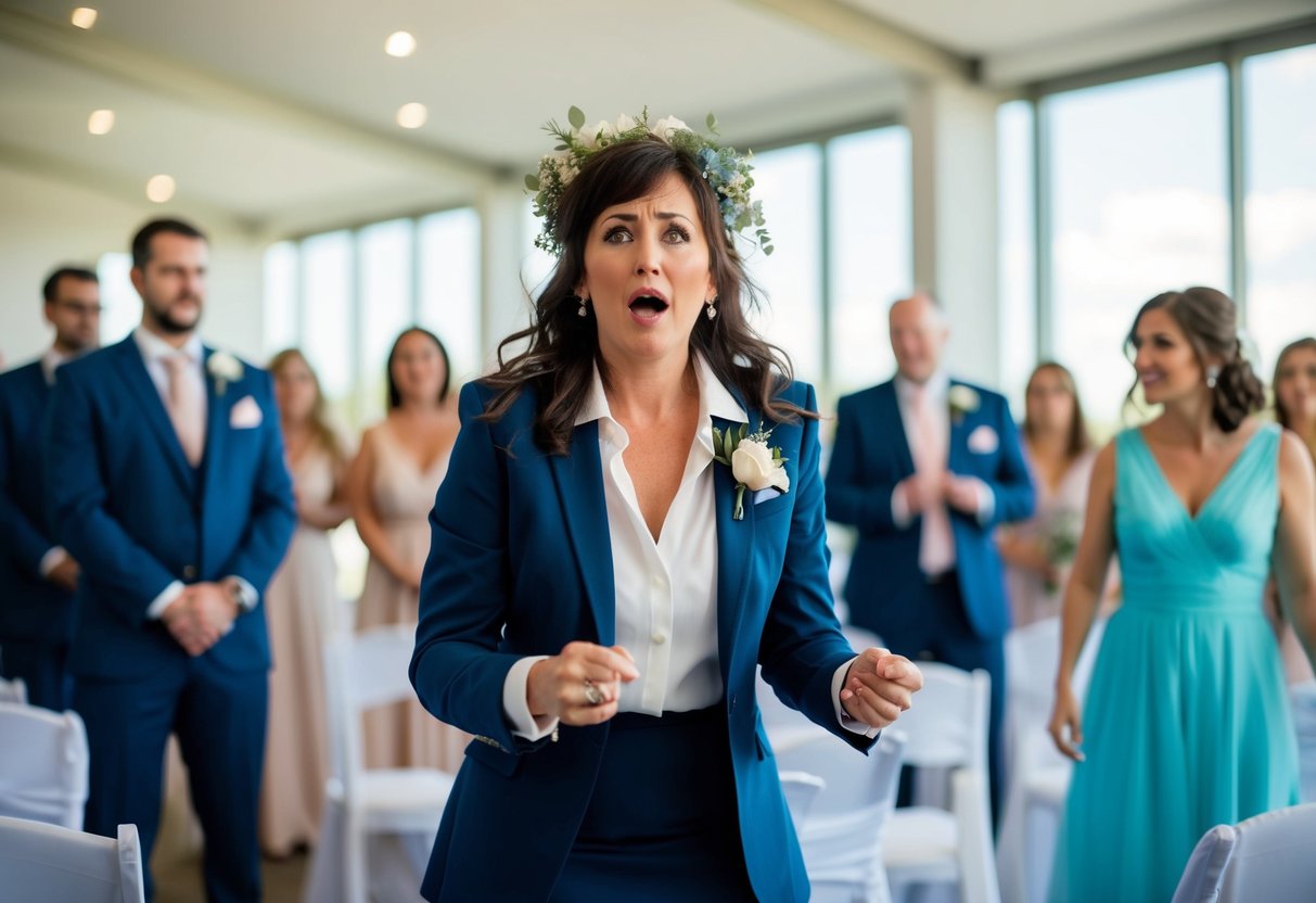 A wedding planner with disheveled appearance and unprofessional demeanor, causing chaos at the event