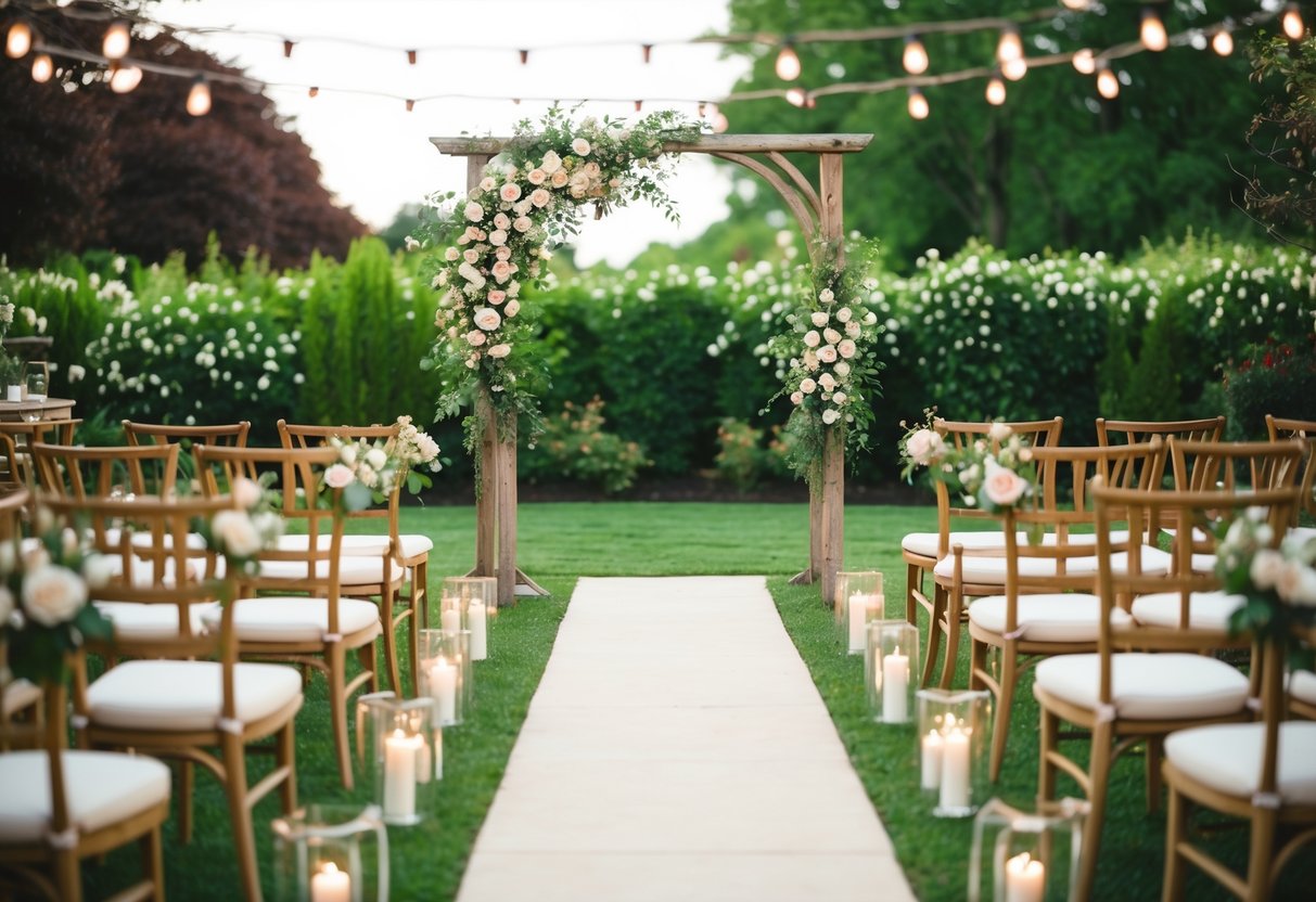 A romantic outdoor garden wedding with fairy lights, blooming flowers, and a rustic archway