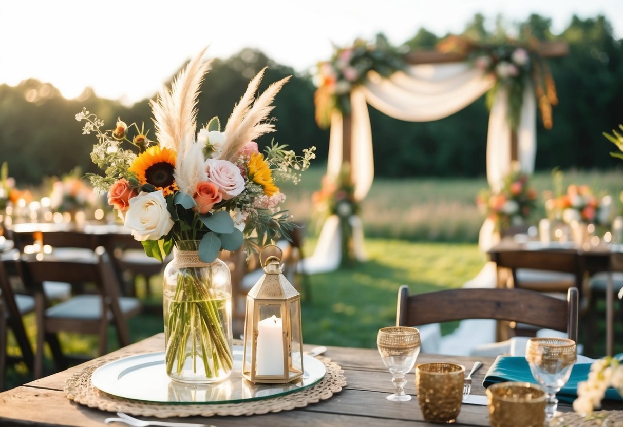 A rustic outdoor wedding with bohemian decor and floral accents