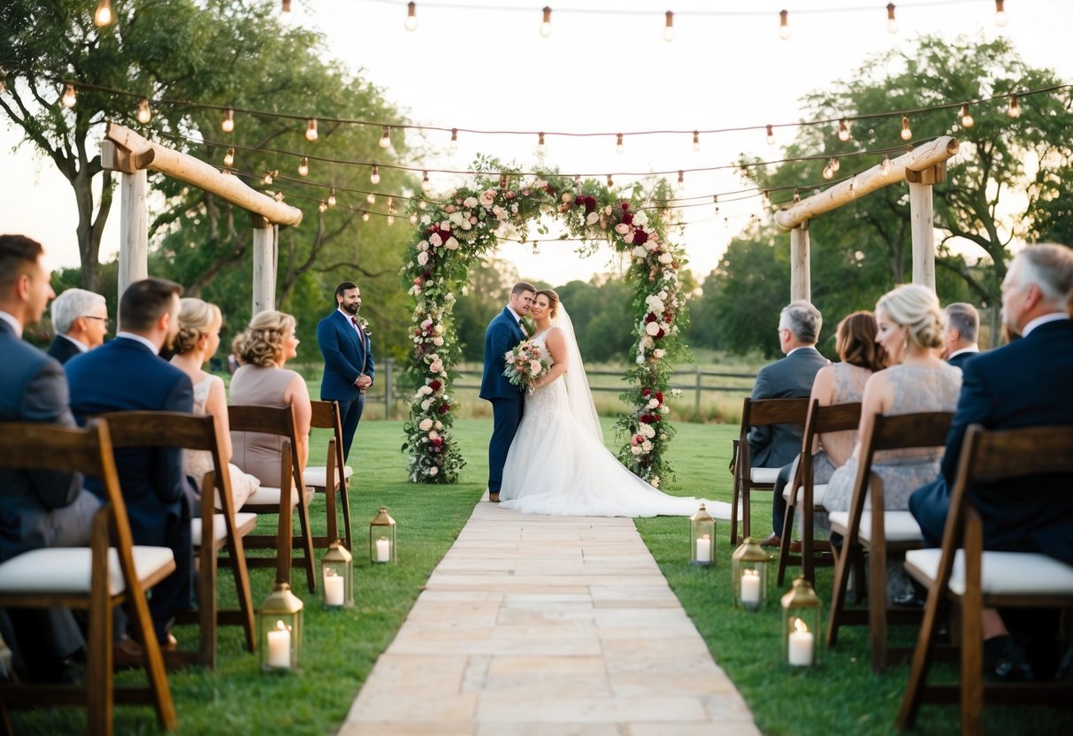 A rustic outdoor wedding with floral arches and string lights