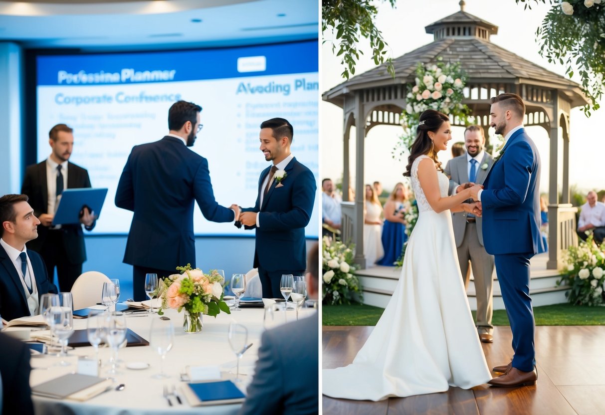 A busy event planner organizes a corporate conference with tables, chairs, and AV equipment, while a wedding planner arranges a romantic outdoor ceremony with flowers, a gazebo, and a dance floor