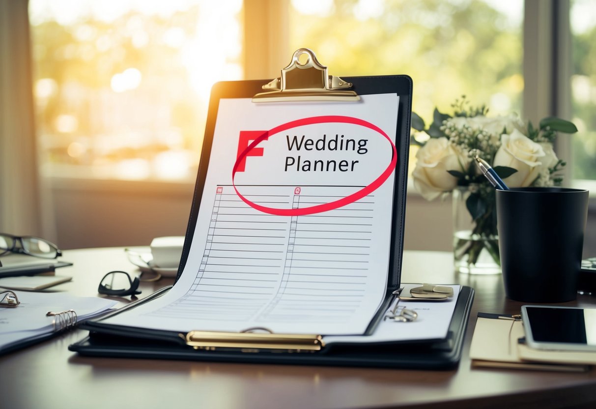 The wedding planner's clipboard lies open on a cluttered desk, the f word circled in red