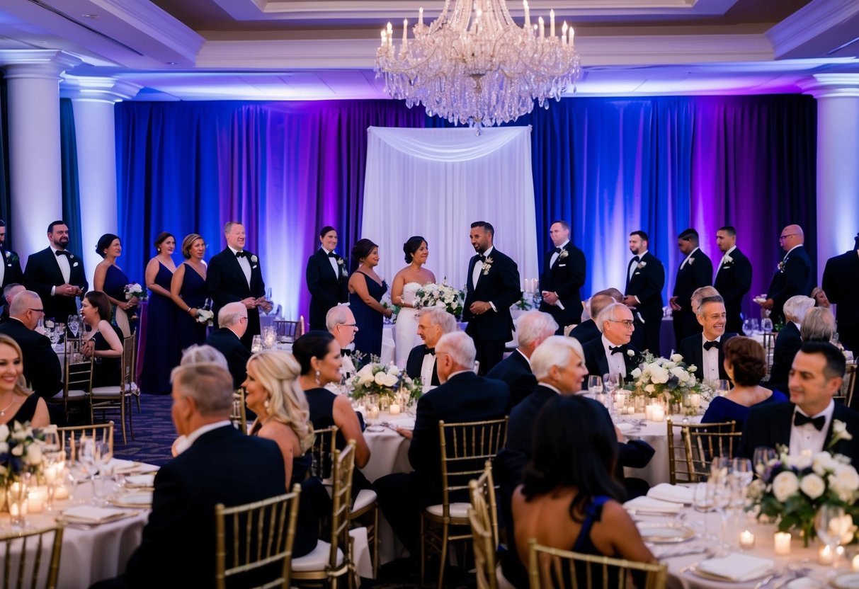 A formal wedding reception with guests in elegant attire, featuring a sophisticated color palette of deep blues, rich purples, and classic blacks and whites