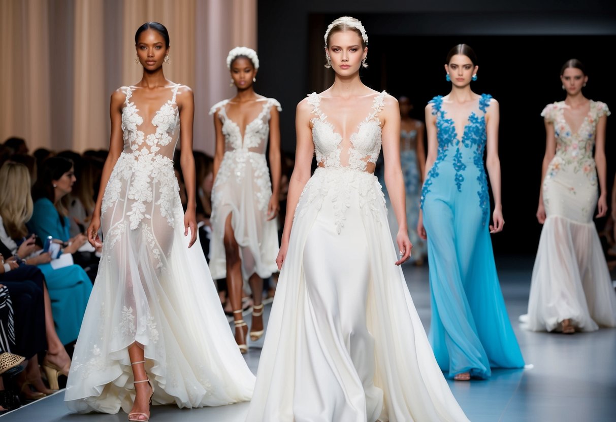 A runway show featuring bridal gowns in light, flowy fabrics with intricate lace and floral embellishments. Models walk with confidence and grace, showcasing the latest trends for summer 2024
