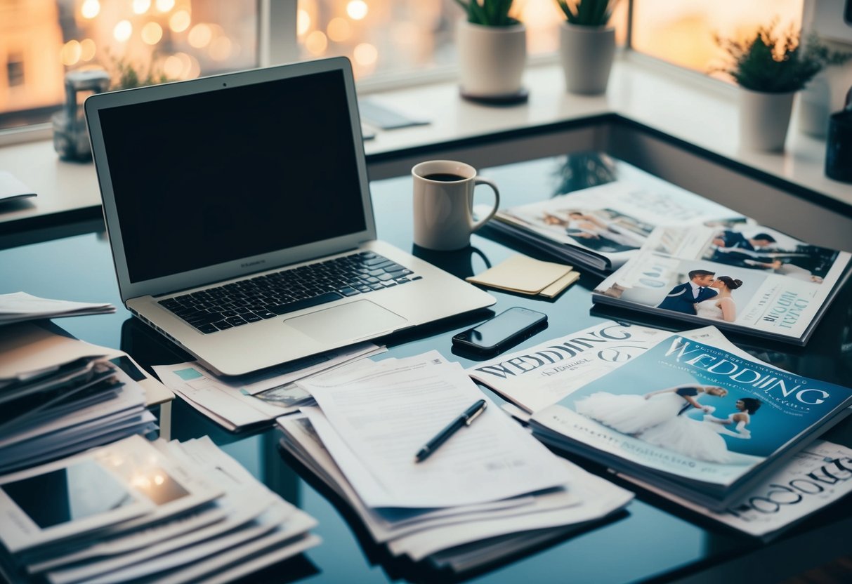 A cluttered desk with scattered papers and a laptop, surrounded by wedding magazines and a coffee mug
