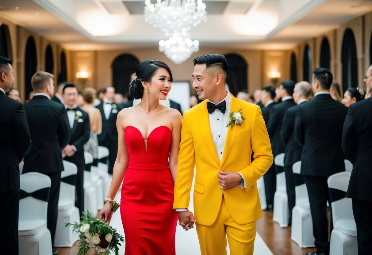 A couple at a black tie wedding, the woman wearing a vibrant red dress and the man in a bright yellow suit, standing out among the sea of elegant black and white attire