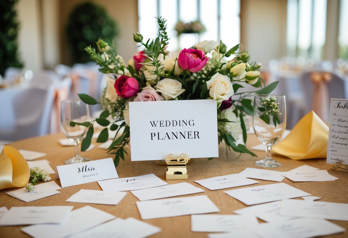 A wedding planner's table with scattered elements: flowers, ribbons, place cards, and a seating chart