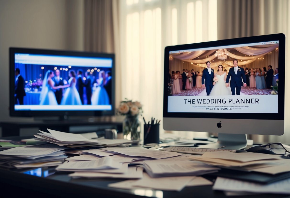 A cluttered desk with scattered papers and a computer screen displaying the film "The Wedding Planner." A muted TV in the background shows a bustling reception scene