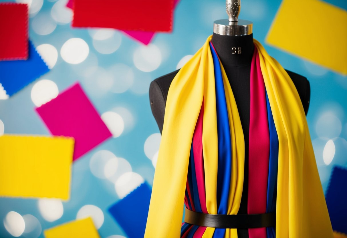 A mannequin adorned in vibrant colors, surrounded by crossed-out swatches of red, yellow, and bright blue fabric