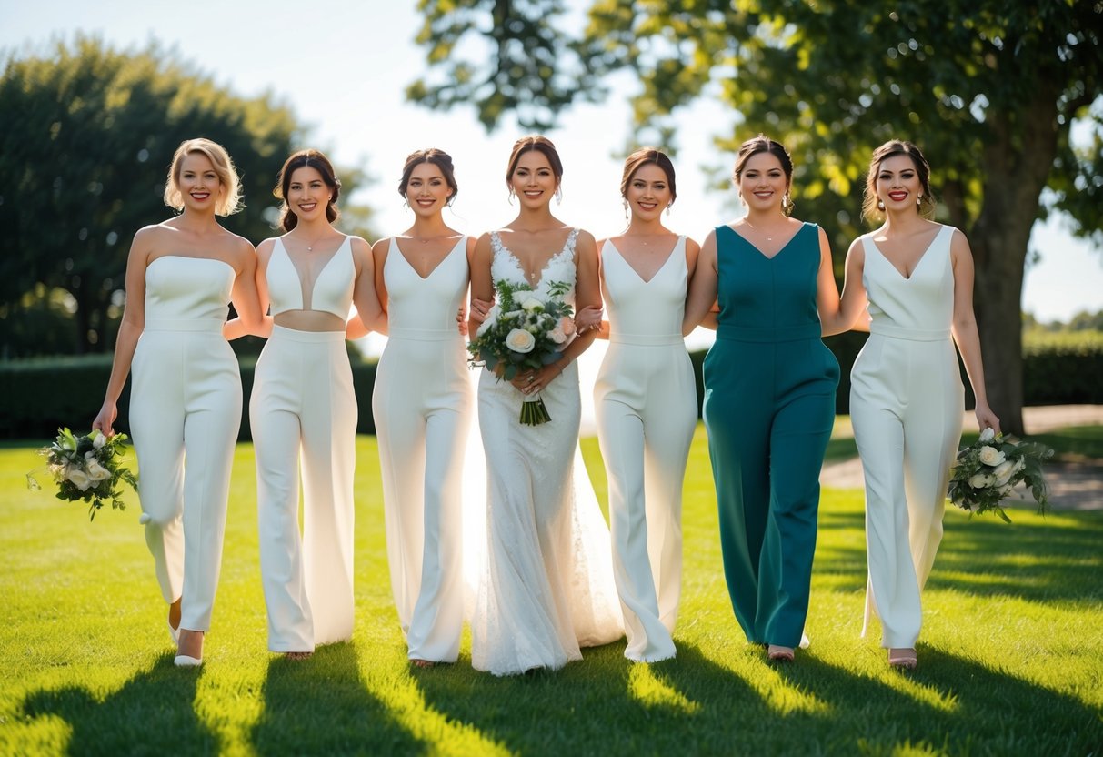 A sunny outdoor wedding setting with modern, non-traditional bridal outfits such as jumpsuits, separates, and unconventional silhouettes