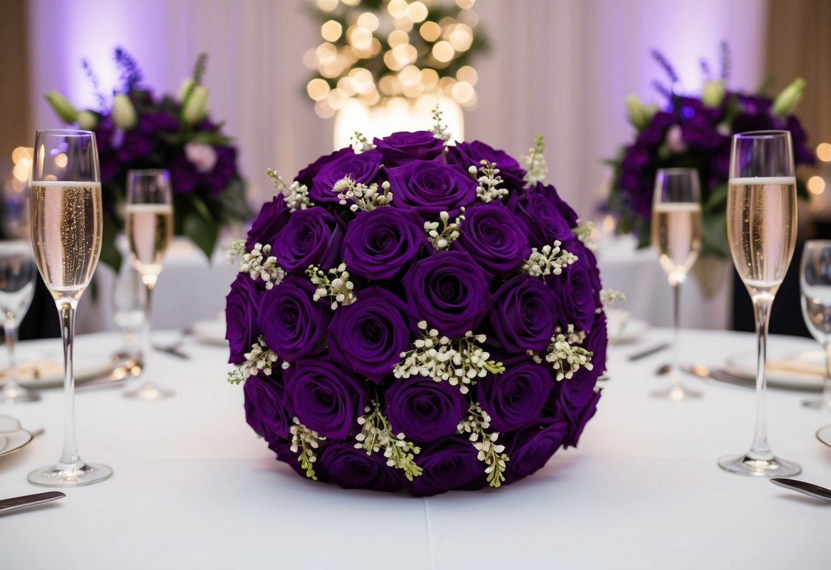 A regal purple bouquet sits on a table at a wedding reception, surrounded by elegant floral arrangements and sparkling champagne glasses