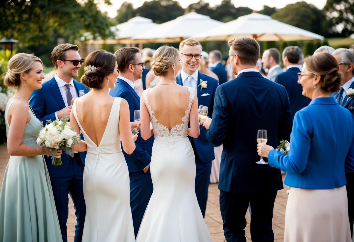 A group of elegantly dressed wedding guests, some in dresses, others in formal attire, mingling and socializing at a beautiful outdoor venue
