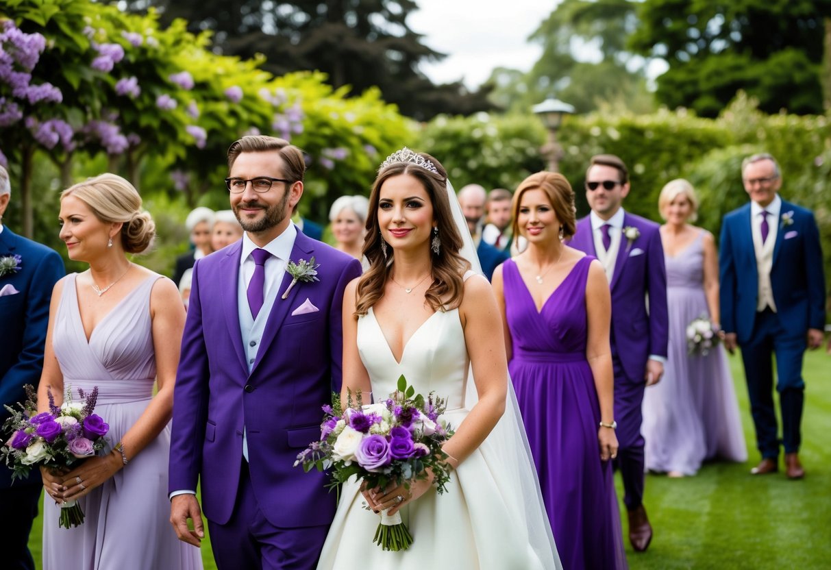 A serene garden wedding with guests dressed in various shades of purple, symbolizing royalty, luxury, and creativity