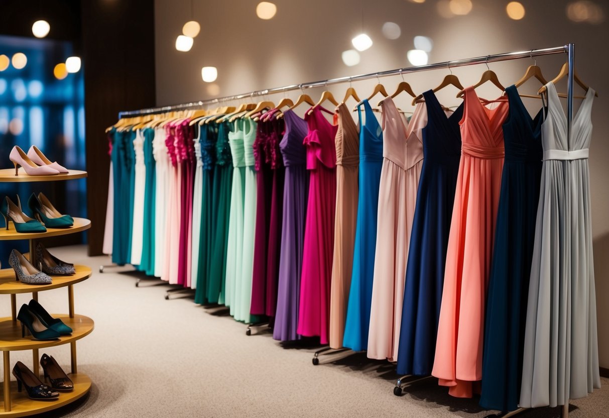 A rack of elegant dresses in various colors and styles, with matching shoes and accessories displayed nearby