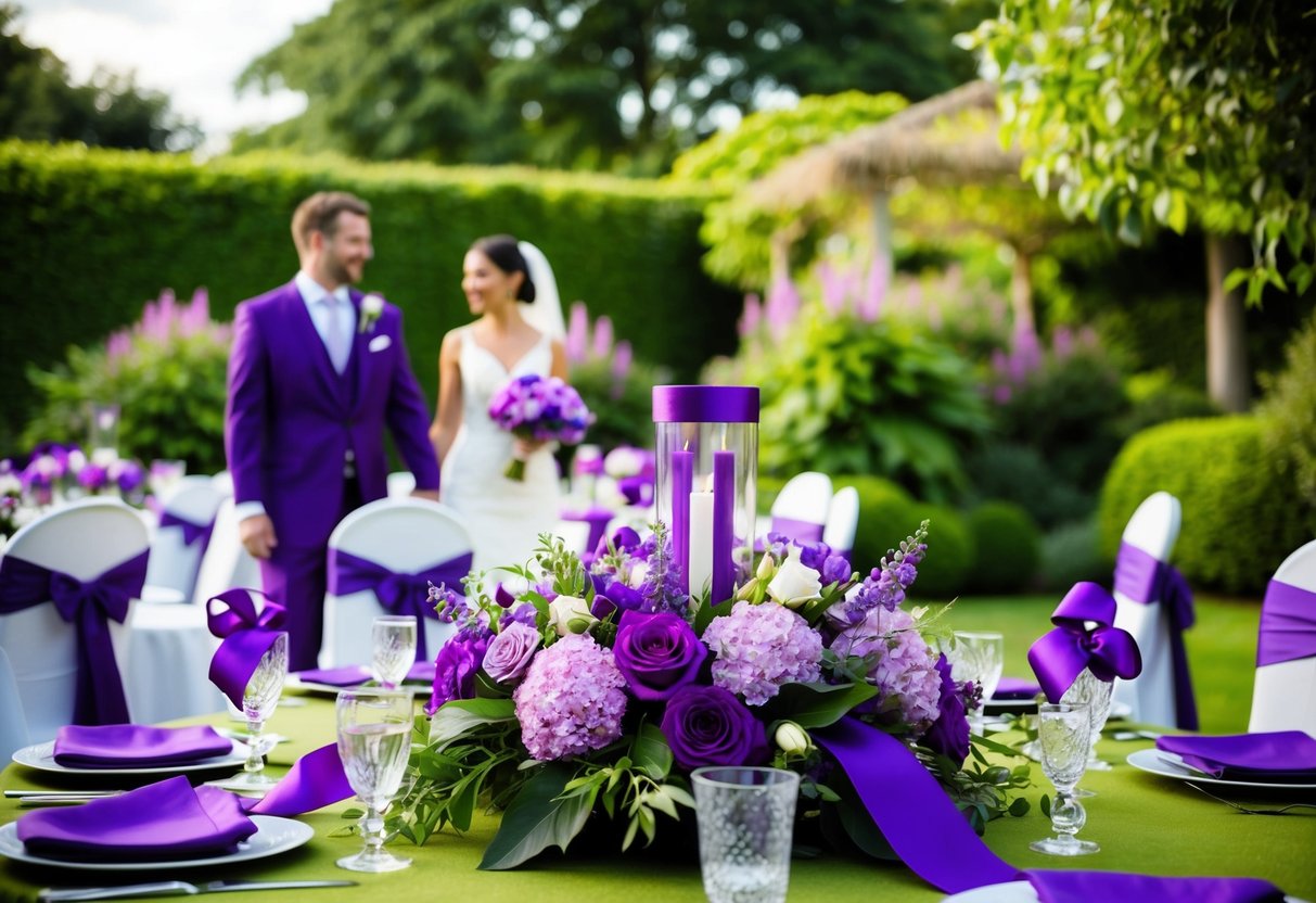 A lush garden wedding with purple flowers, ribbons, and table decor. The bride and groom wear touches of purple, symbolizing royalty and luxury