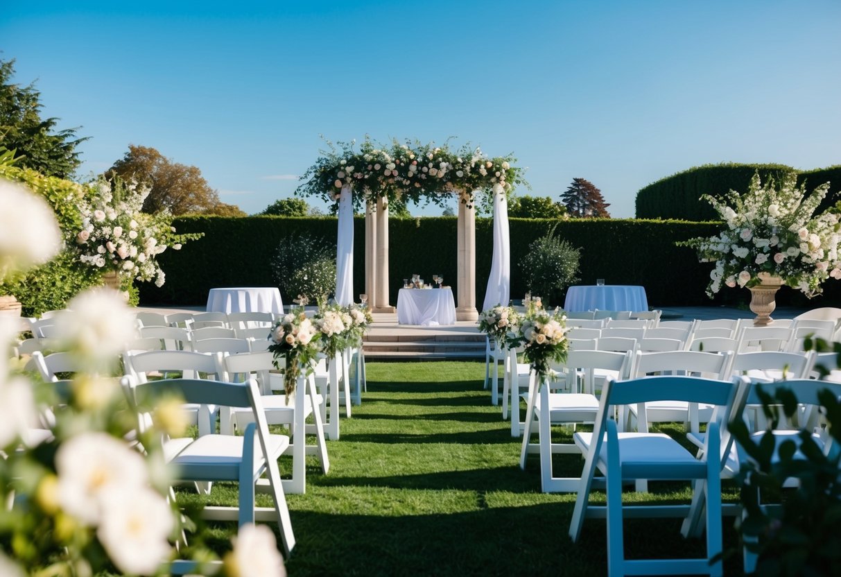 An elegant outdoor wedding venue with a blooming garden and a clear blue sky, set during a sunny afternoon