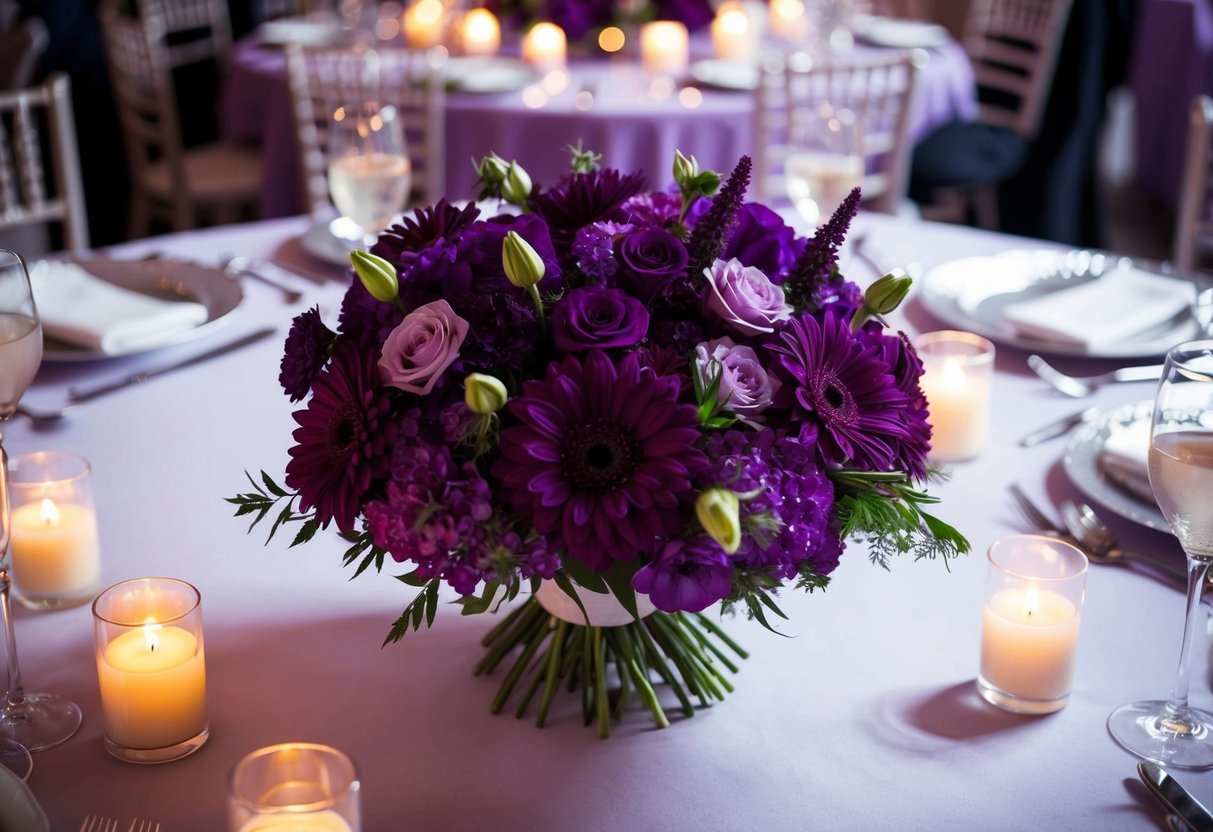 A deep purple bouquet of flowers sits on a table, surrounded by soft candlelight and elegant place settings at a wedding reception