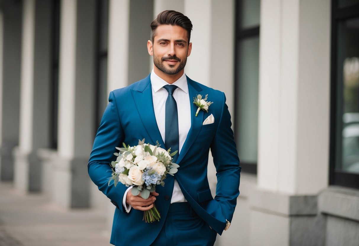 A stylish wedding guest in a sleek suit and tie, standing confidently with a bouquet of flowers in hand
