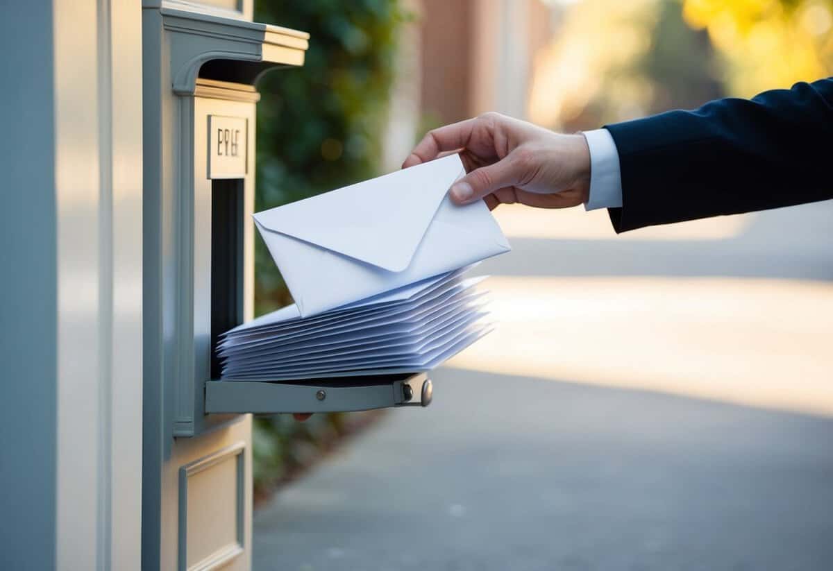 A stack of elegant envelopes being dropped into a mailbox