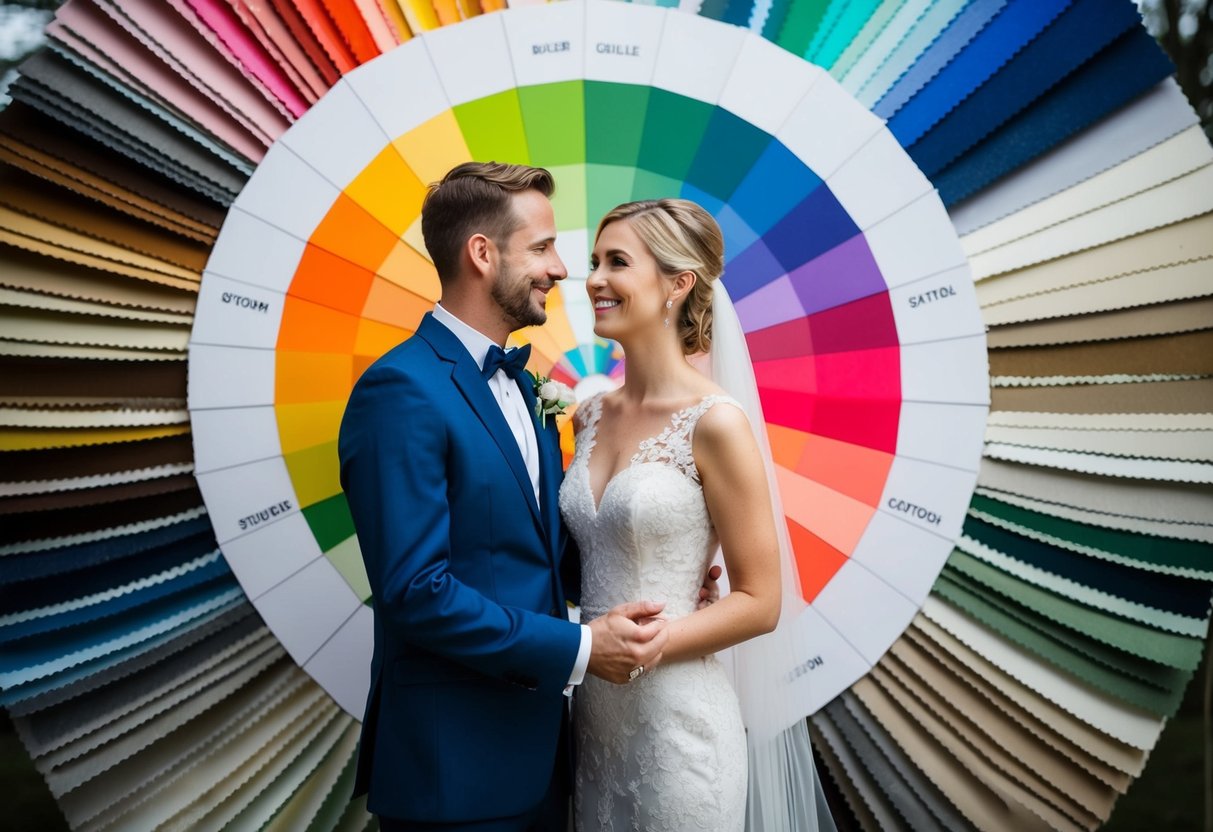 A bride and groom stand in front of a color wheel, surrounded by swatches of fabric in various shades and hues