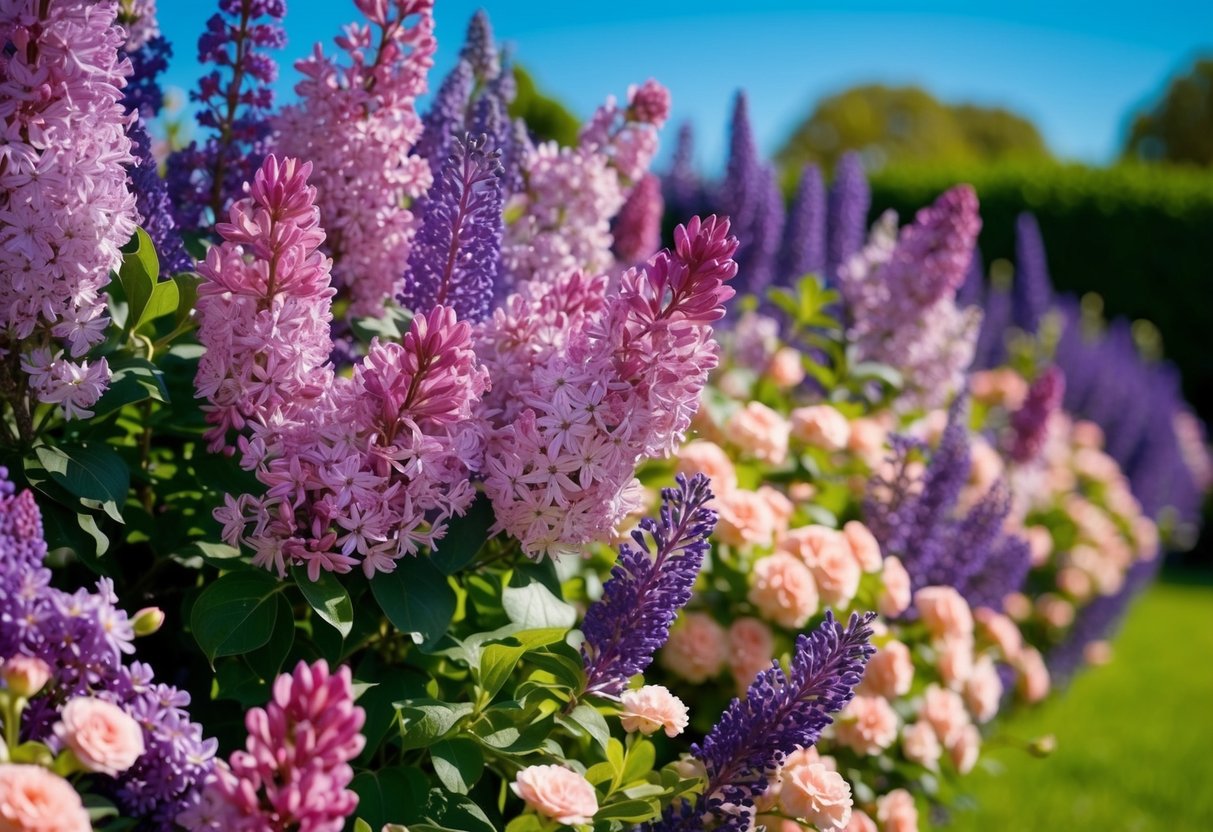 A garden filled with blooming lilac, lavender, and blush pink flowers under a clear blue sky