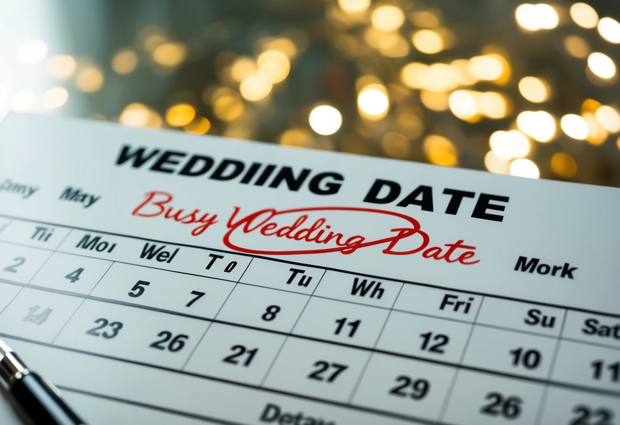 A calendar with a wedding date circled in red, surrounded by busy work days