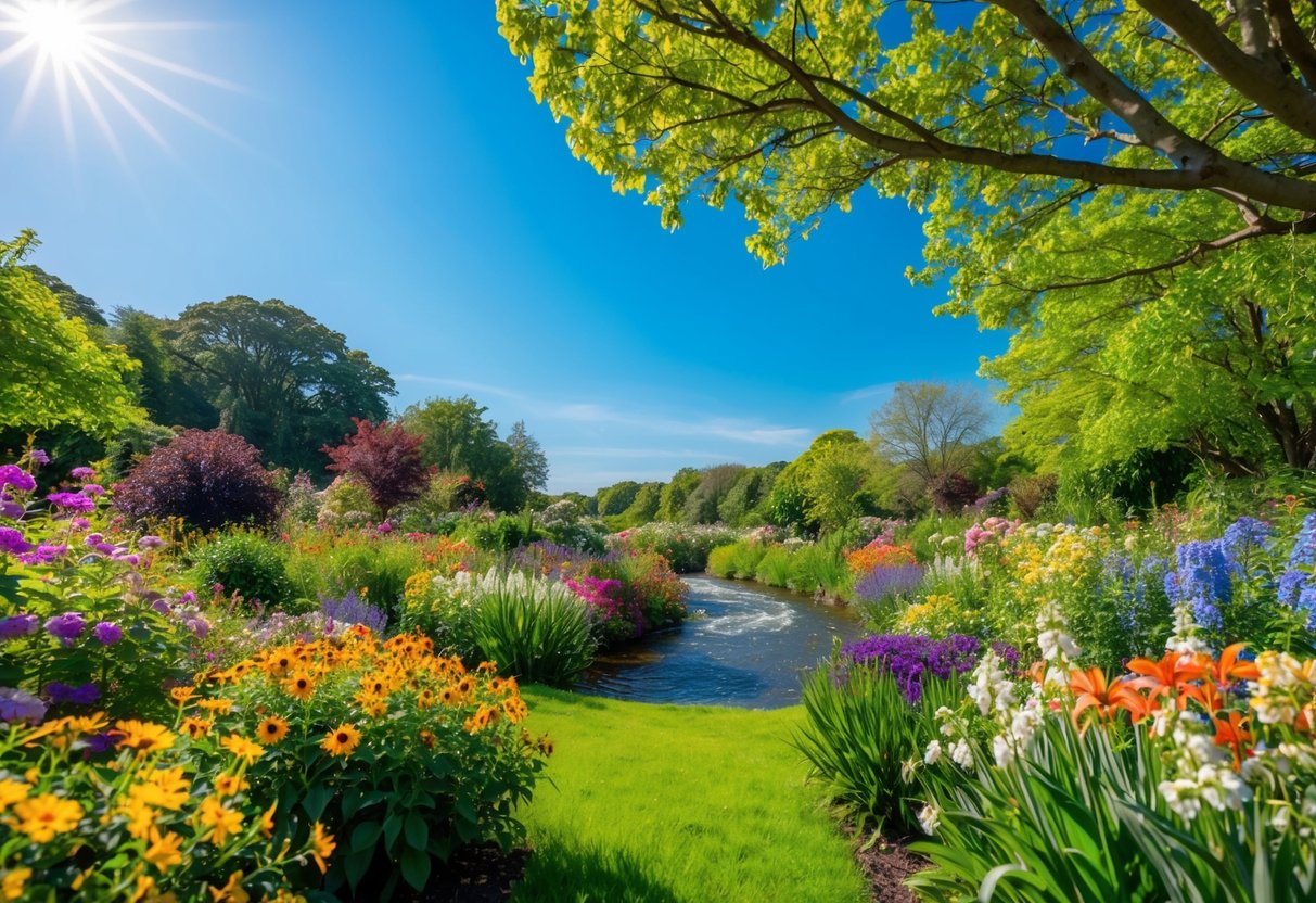 A vibrant garden with blooming flowers of various colors, a sunny blue sky, and a peaceful, flowing river
