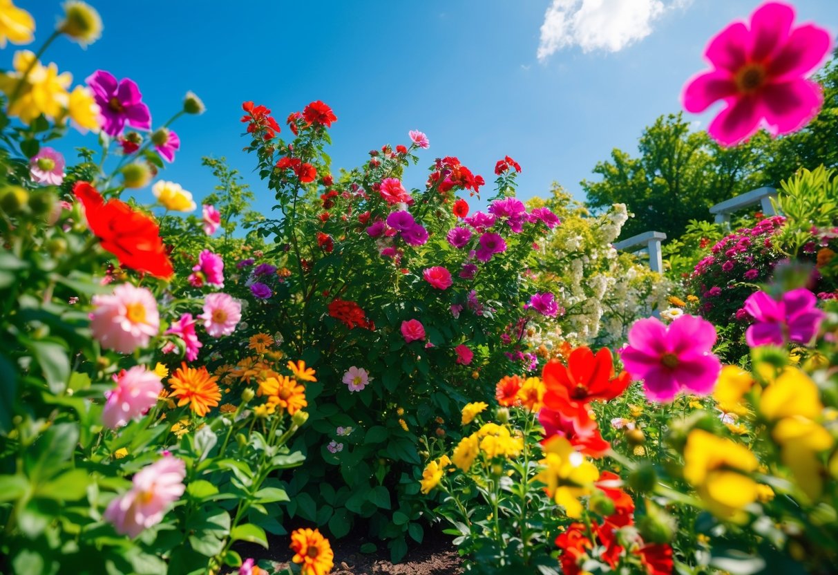 A vibrant garden with blooming flowers in shades of pink, red, and yellow, surrounded by lush greenery under a bright blue sky