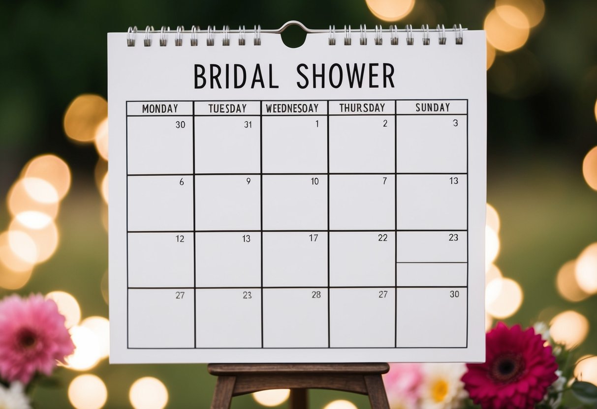 A calendar with dates for bridal shower, dress fitting, and rehearsal dinner