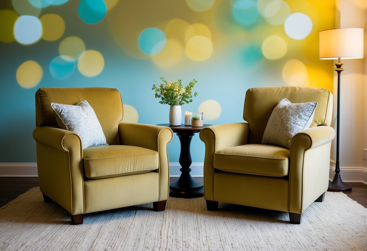 A cozy living room with two comfortable armchairs facing each other, surrounded by warm, inviting colors such as soft yellows, gentle blues, and soothing greens