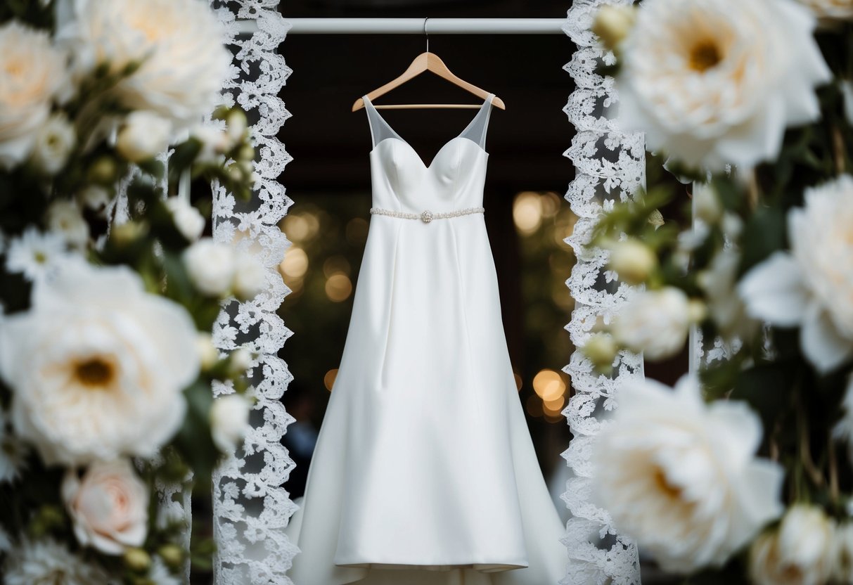 A white wedding dress hanging on a hanger, surrounded by delicate lace and floral details