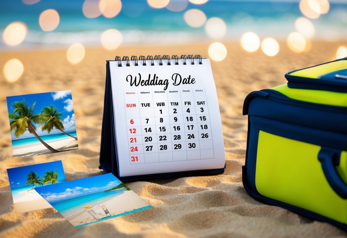 A calendar with wedding date circled, surrounded by beach and travel imagery, a suitcase packed and ready to go