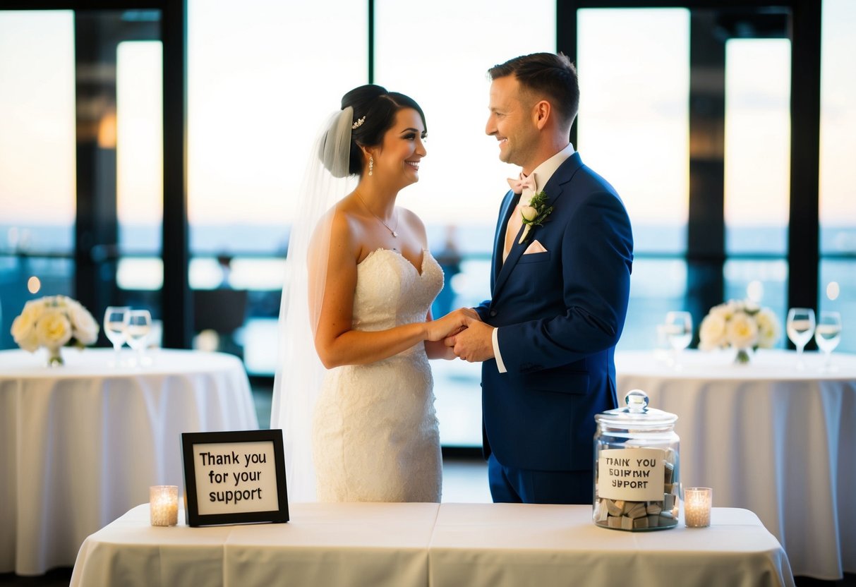 A bride and groom stand at a reception table with a tip jar and a sign that reads "Thank you for your support."