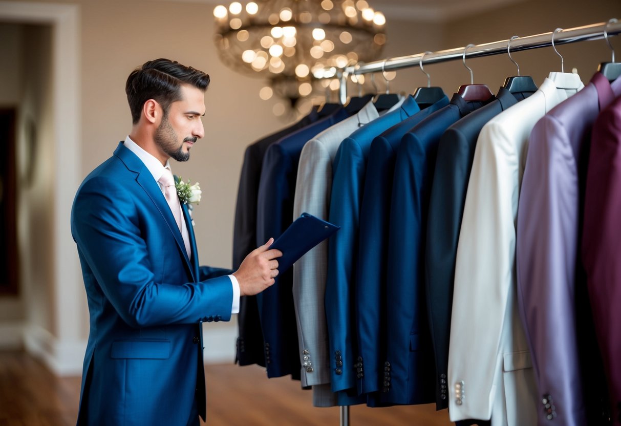 A groom standing in front of a row of suit jackets in various colors, carefully considering which one to choose for his wedding