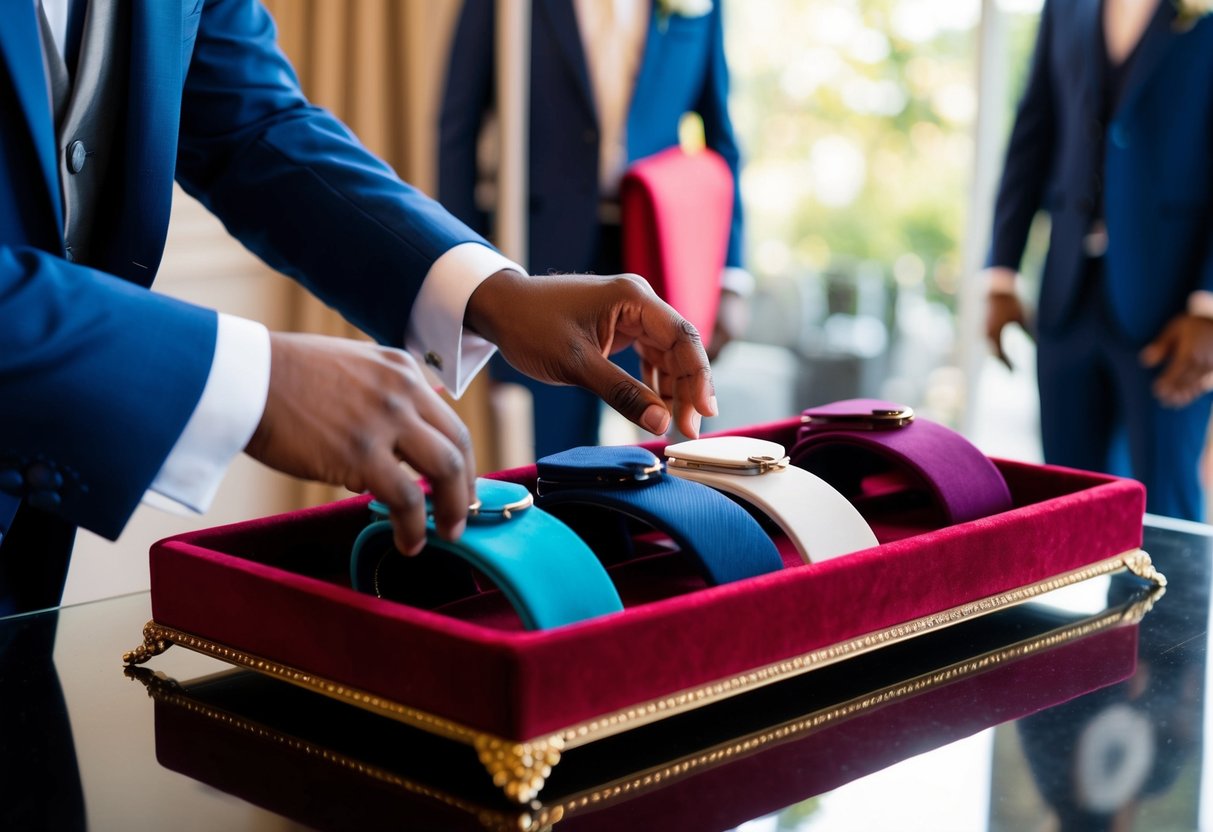 A groom's hand reaching for a selection of suit accessories in various colors, displayed on a velvet-lined tray