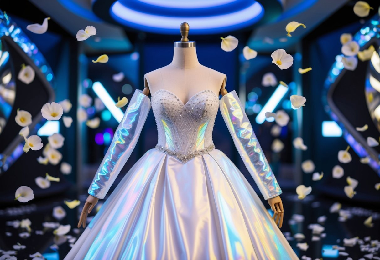 A wedding dress with holographic fabric and detachable sleeves, surrounded by floating flower petals and futuristic decor