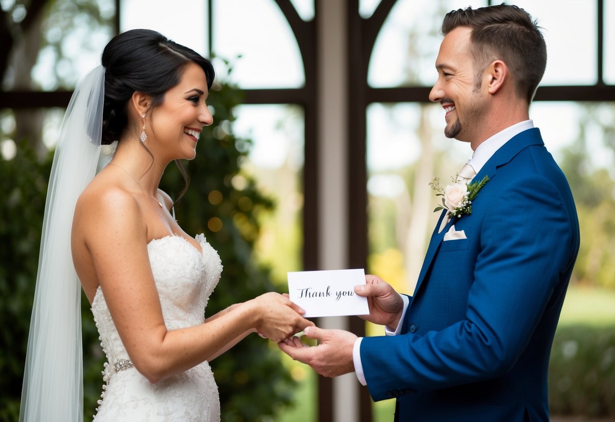 A bride and groom handing a thank-you card to their wedding coordinator with a heartfelt smile and a warm embrace