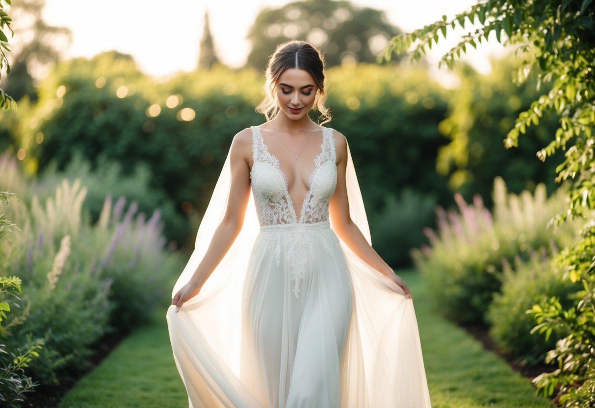 A bride in a flowing, bohemian-inspired wedding dress with delicate lace details and a plunging neckline, surrounded by lush greenery and soft, romantic lighting