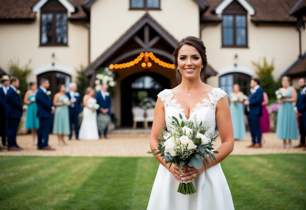 A well-dressed wedding guest holding a bouquet, standing in front of a picturesque venue with a festive atmosphere
