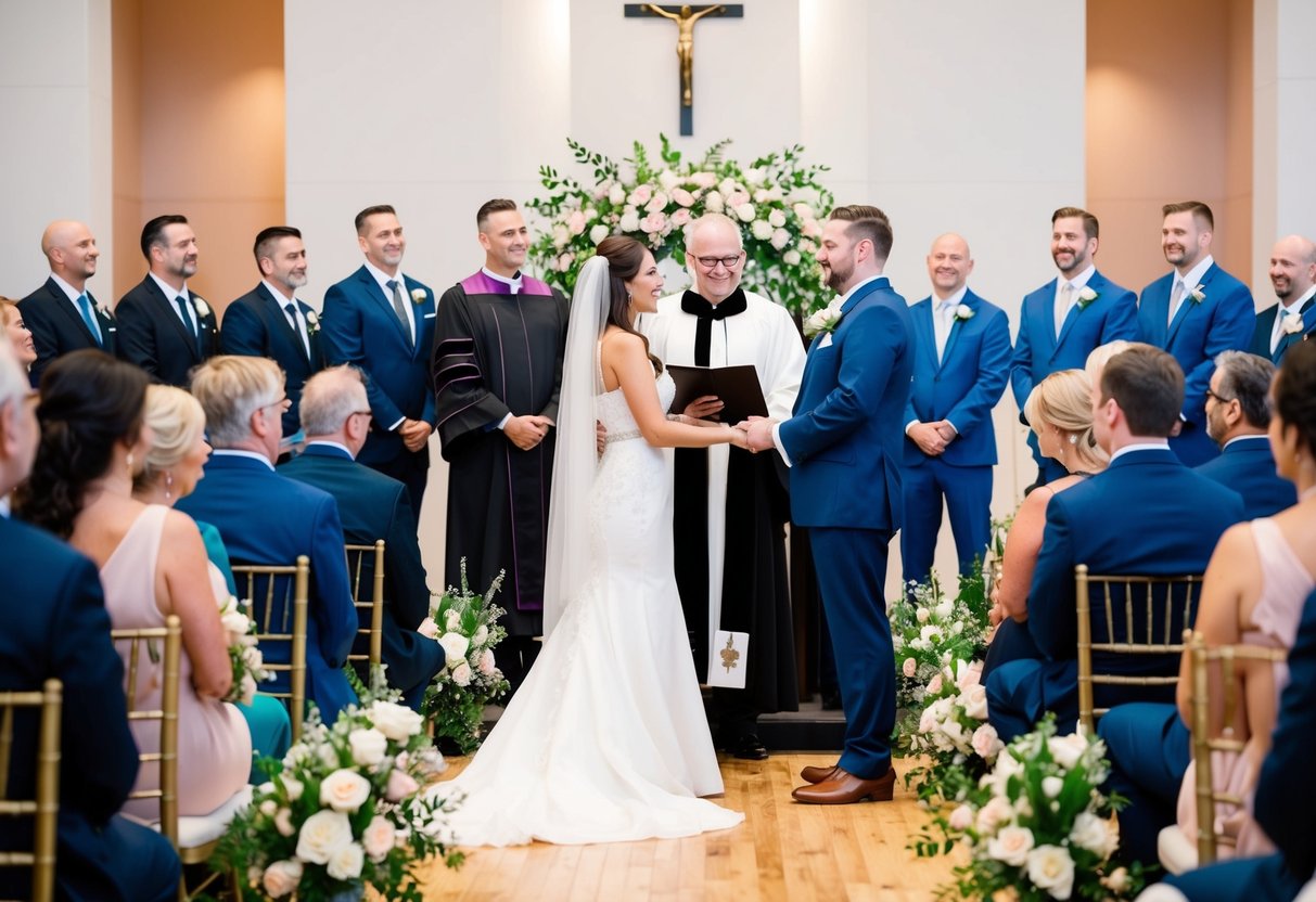 A bride and groom stand at an altar with an officiant. Guests sit in rows, watching the ceremony. Flowers adorn the space