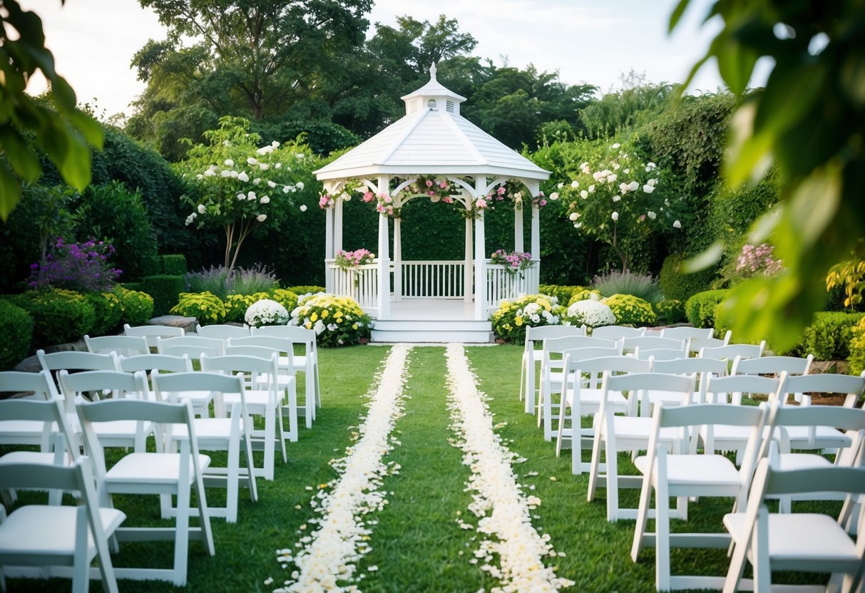 A white gazebo adorned with flowers stands in the center of a lush garden, surrounded by rows of white chairs. A pathway lined with petals leads to the gazebo