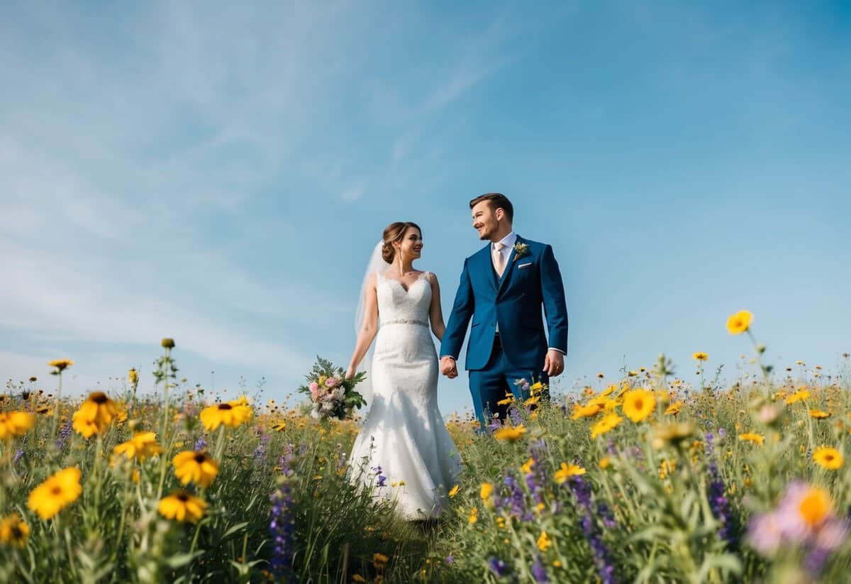 A bride and groom standing in a field of colorful wildflowers under a bright blue sky