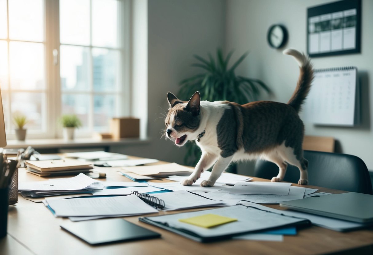 A cluttered desk with scattered papers, a messy calendar, and a stressed-out pet pacing back and forth