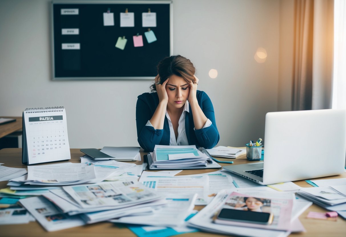 A cluttered desk with scattered papers, a laptop, and a calendar. A frazzled person stares at the screen, surrounded by bridal magazines and a to-do list