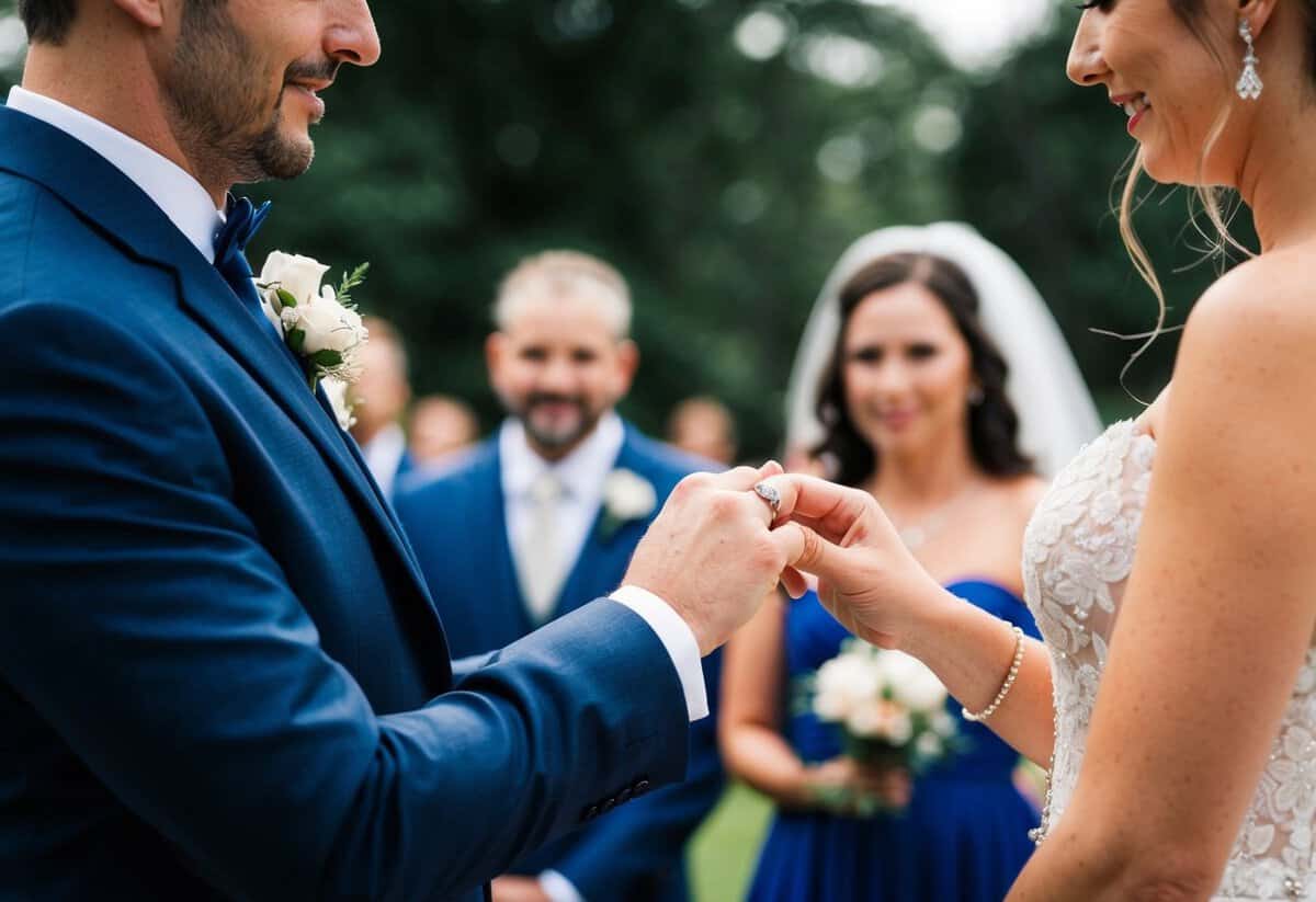 A groom places a ring on the bride's finger during a wedding ceremony